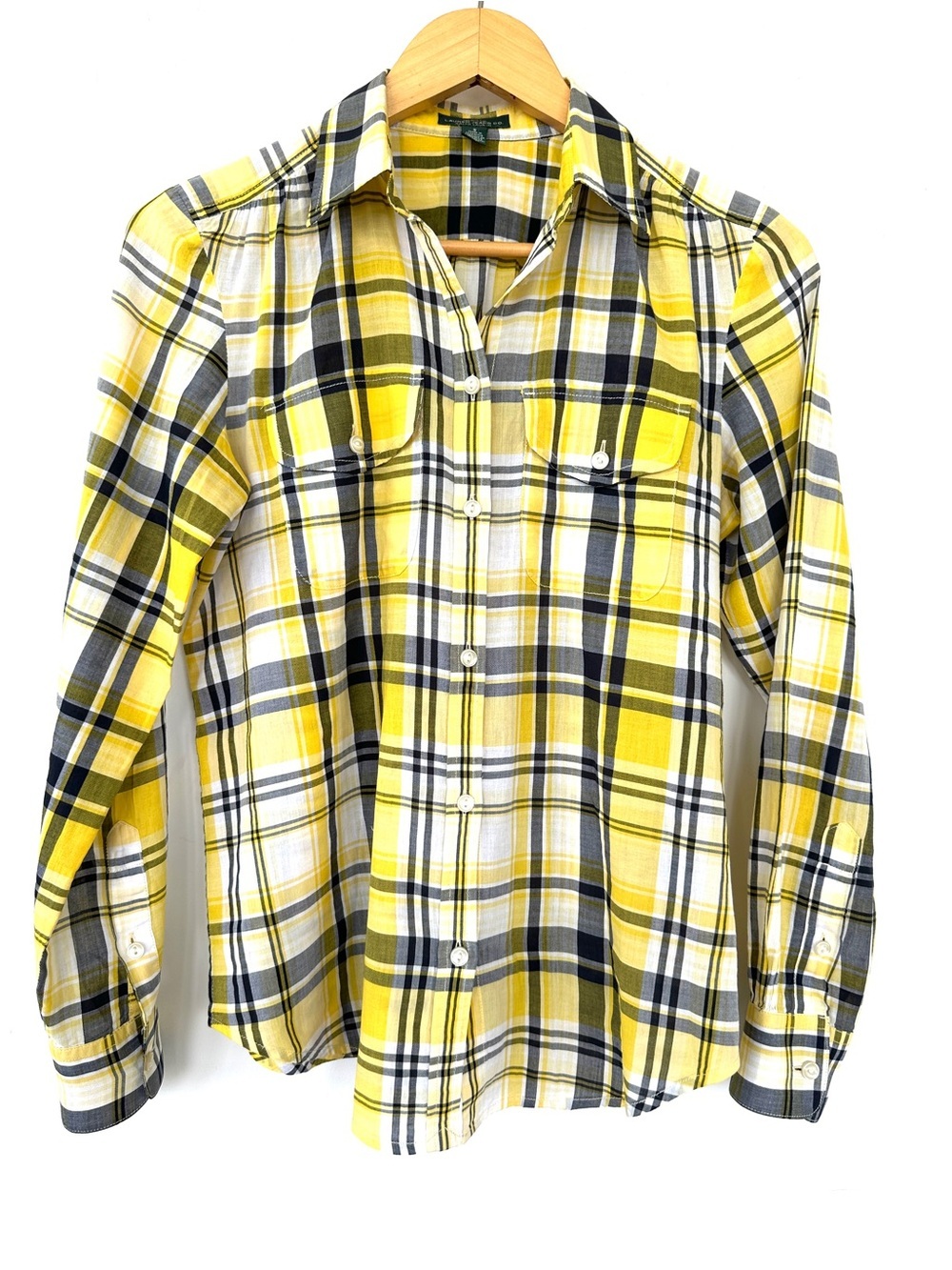 Ralph Lauren Yellow Plaid Button-Down Shirt, Long Sleeves, Relaxed Fit, Cotton